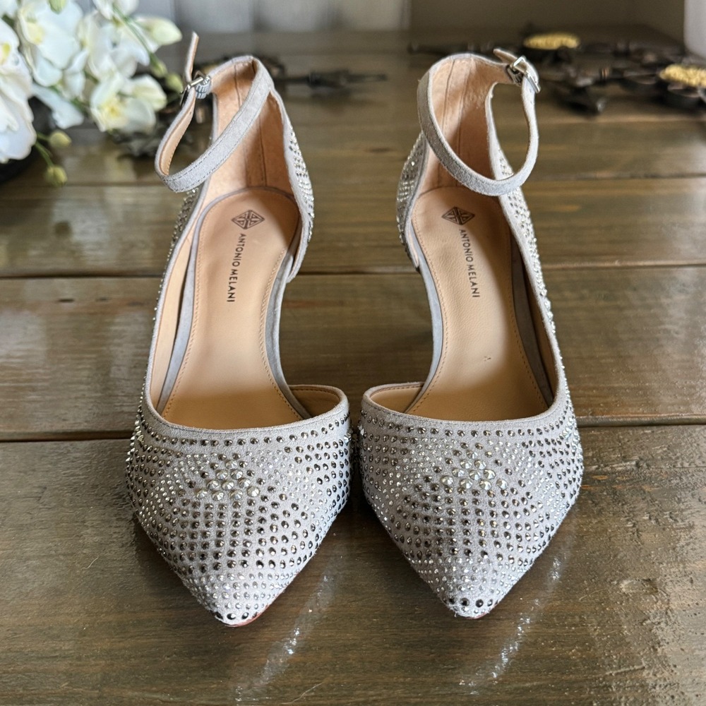 Antonio Melani Heels W 7.5 Grey Glam Rhinestone Ankle Strap Pointed Toe Sparkly
